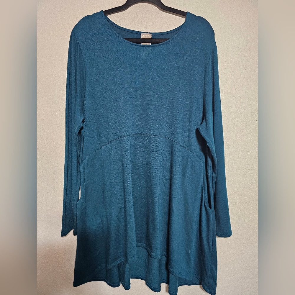 CHICOS turquoise long sleeve tunic with pockets size 3